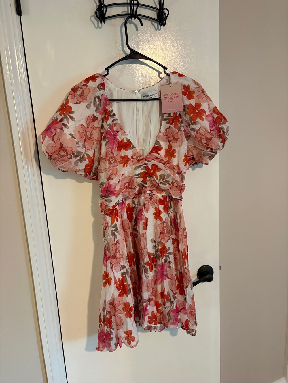 Hello Molly Pink and Orange Floral Puff Sleeve Mini Dress